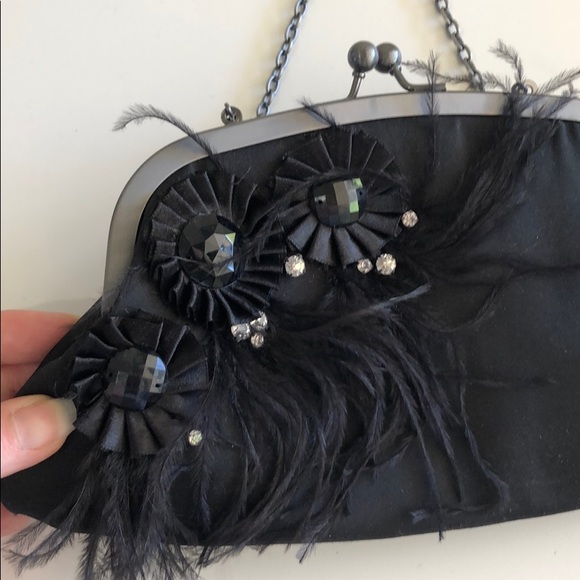 Black formal evening clutch. Feathers rhinestones. - Picture 2 of 8